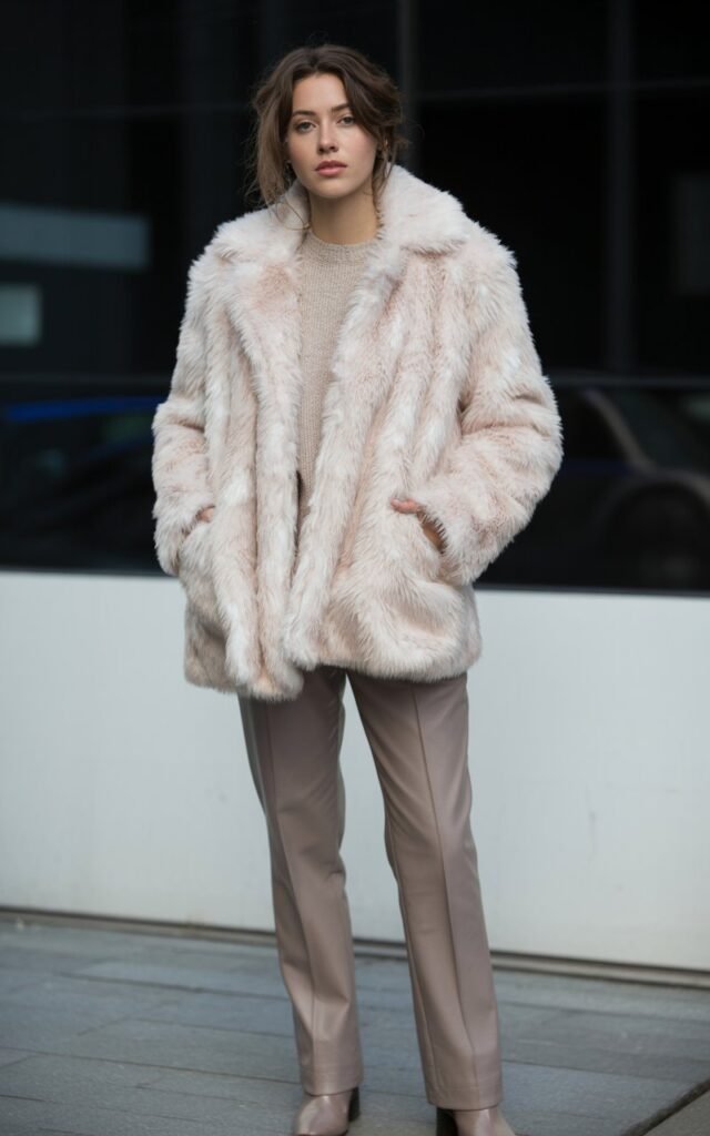 A natural-looking young woman wearing a statement faux fur coat completing a neutral winter outfit. Theme faux fur coat outfit