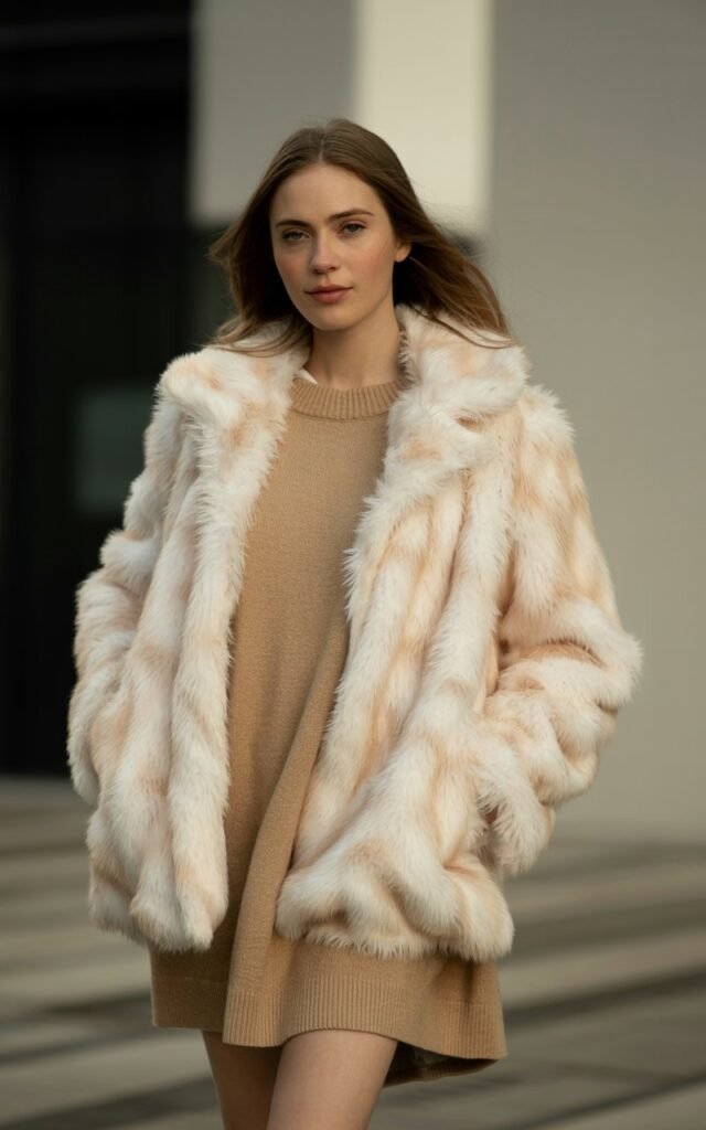 A natural-looking young woman wearing a statement faux fur coat layered over a neutral sweater dress. Theme faux fur coat outfit