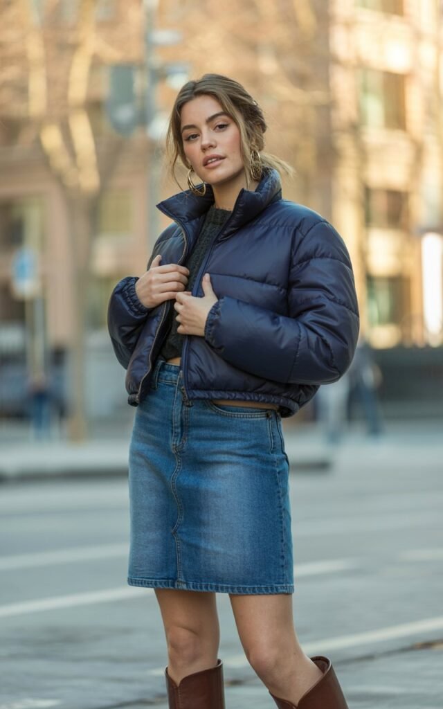 A natural-looking young woman wearing a straight jean skirt styled with a cropped puffer jacket and boots. Theme jean skirt outfits winter