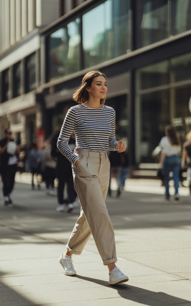 A natural-looking young woman wearing a striped top paired with neutral-toned pants and casual footwear. Theme downtown outfits