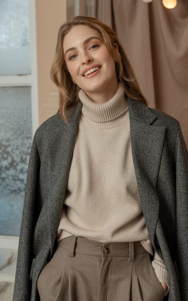 A natural-looking young woman wearing a structured blazer layered over a soft cashmere sweater and tailored bottoms. Theme winter outfits aesthetic