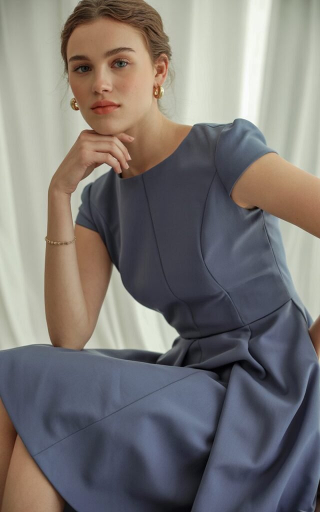 A natural-looking young woman wearing a structured dress styled with minimal jewelry and clean lines. Theme semi formal outfits for women