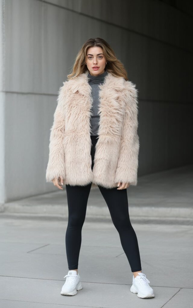 A natural-looking young woman wearing a structured faux fur coat styled with modern athleisure staples. Theme faux fur coat outfit