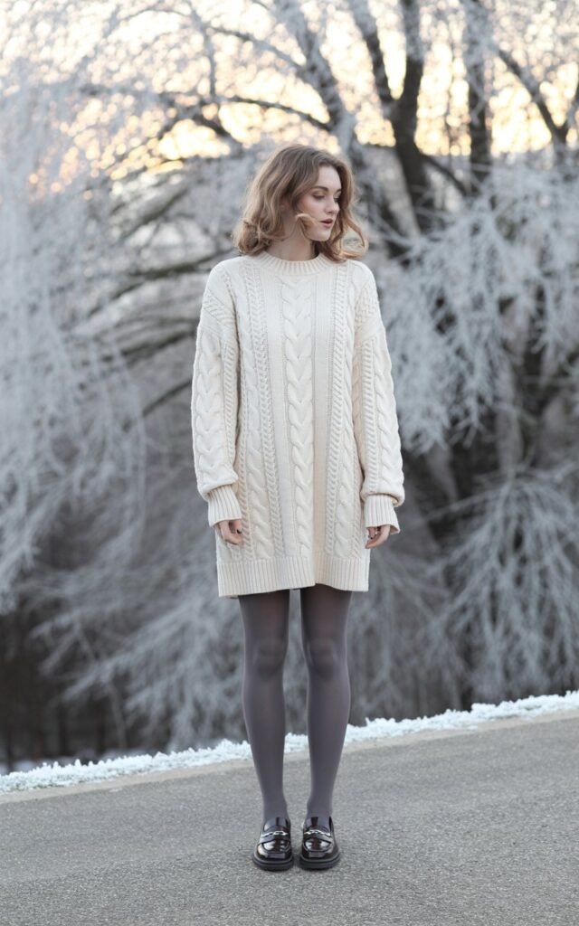 A natural-looking young woman wearing a sweater dress paired with tights and loafers. Theme winter outfits aesthetic