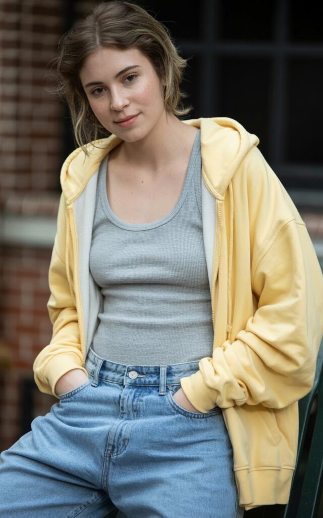 A natural-looking young woman wearing a tank top layered with a hoodie and relaxed-fit jeans. Theme chill outfits