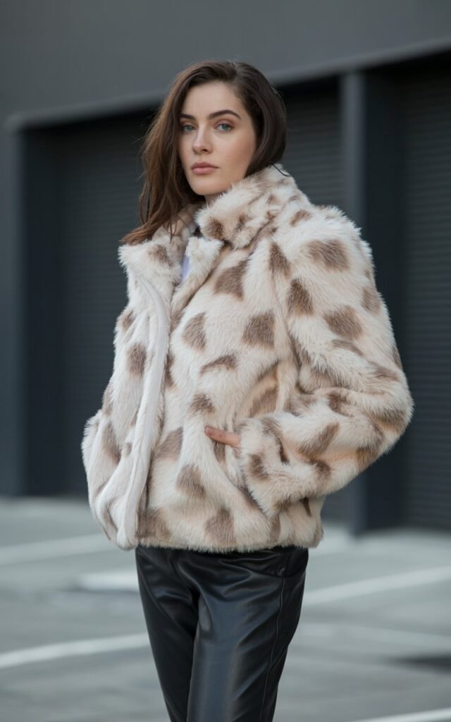 A natural-looking young woman wearing a textured faux fur coat paired with leather pants for an edgy look. Theme faux fur coat outfit