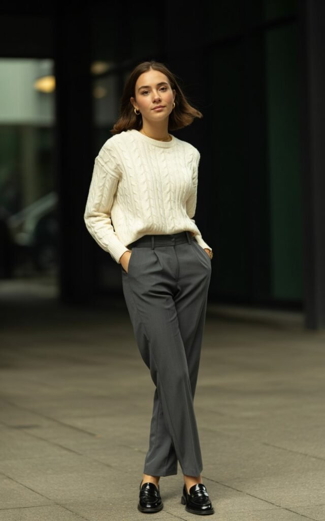 A natural-looking young woman wearing a textured top styled with tailored trousers and polished footwear. Theme semi formal outfits for women