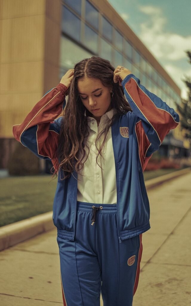 A natural-looking young woman wearing a tracksuit styled with a fashion-forward twist. Theme 80s outfits