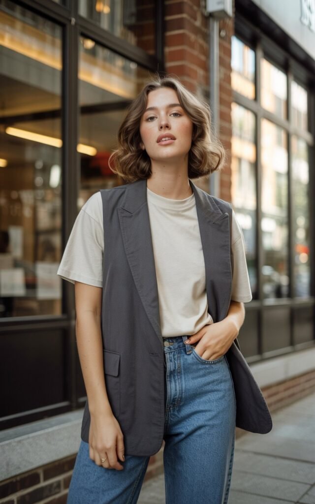 A natural-looking young woman wearing a trendy vest layered over a basic top with classic denim jeans. Theme downtown outfits