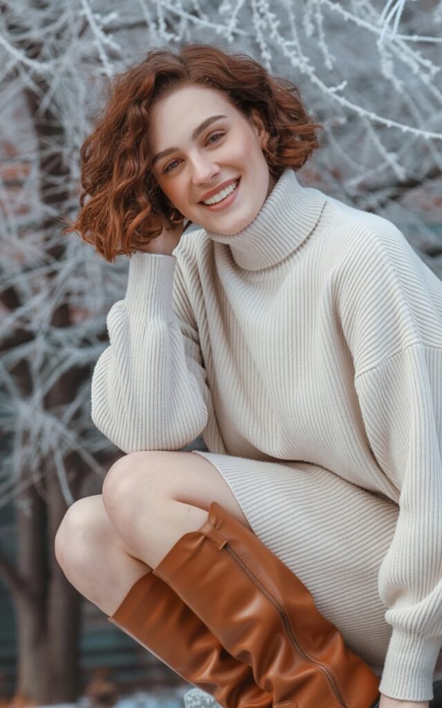 A natural-looking young woman wearing a turtleneck dress styled with knee-high boots. Theme winter outfits aesthetic