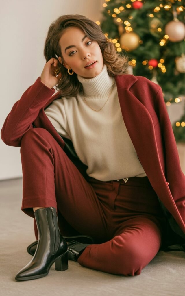 A natural-looking young woman wearing a turtleneck dressed up with tailored pants and boots. Theme christmas party outfits
