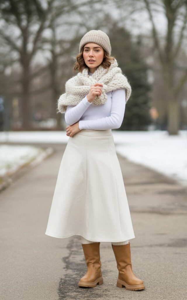 A natural-looking young woman wearing a white skirt outfit styled with a chunky knit scarf, beanie, and winter boots. Theme white skirt outfit winter