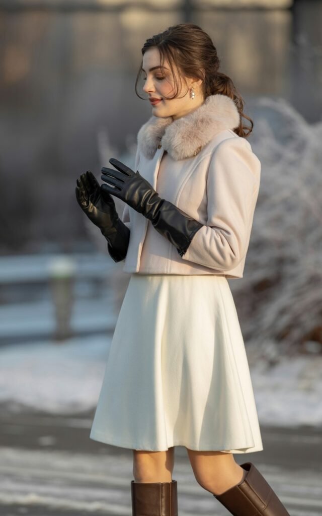 A natural-looking young woman wearing a white skirt outfit styled with leather gloves, a winter coat, and boots. Theme white skirt outfit winter