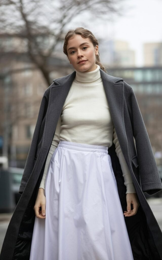 A natural-looking young woman wearing a white skirt styled with a fitted turtleneck and layered under a long wool coat. Theme white skirt outfit winter