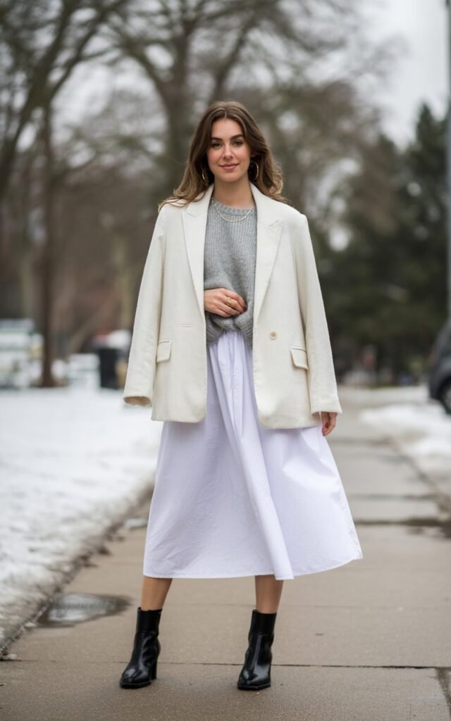 A natural-looking young woman wearing a white skirt styled with a knit blazer, layered winter top, and ankle boots. Theme white skirt outfit winter