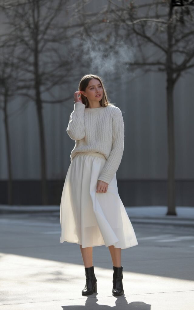 A natural-looking young woman wearing a white skirt styled with structured ankle boots and a cozy winter top. Theme white skirt outfit winter