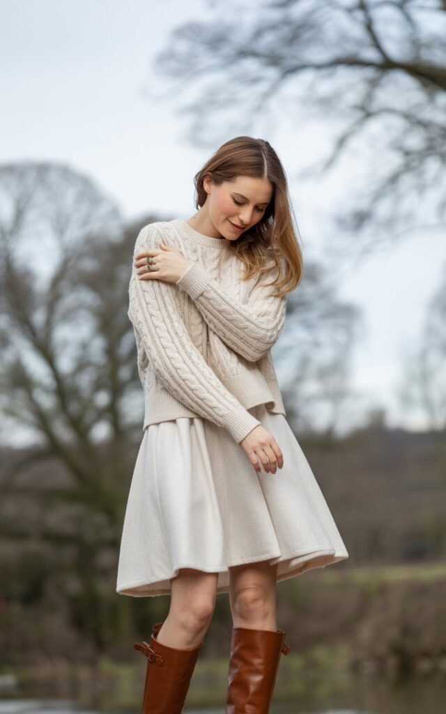 A natural-looking young woman wearing a white skirt with a cozy sweater and knee-high leather boots. Theme white skirt outfit winter