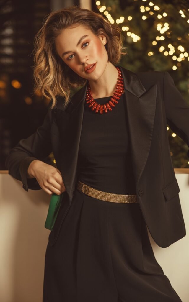 A natural-looking young woman wearing an all-black look with one bold holiday detail. Theme christmas party outfits