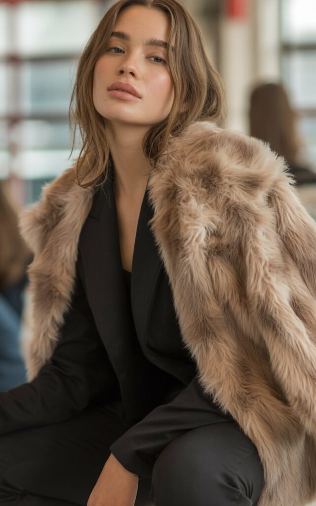 A natural-looking young woman wearing an all-black outfit layered with a neutral beige faux fur coat. Theme faux fur coat outfit