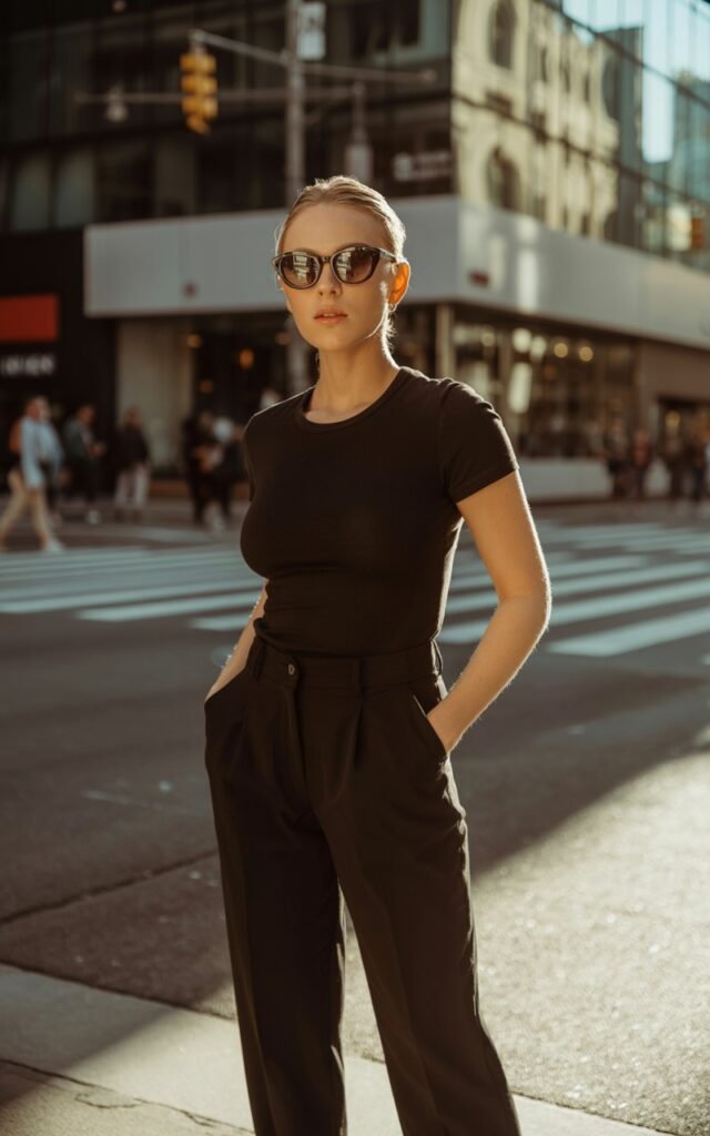A natural-looking young woman wearing an all-black outfit with a basic tee, tailored trousers, and stylish sunglasses. Theme downtown outfits