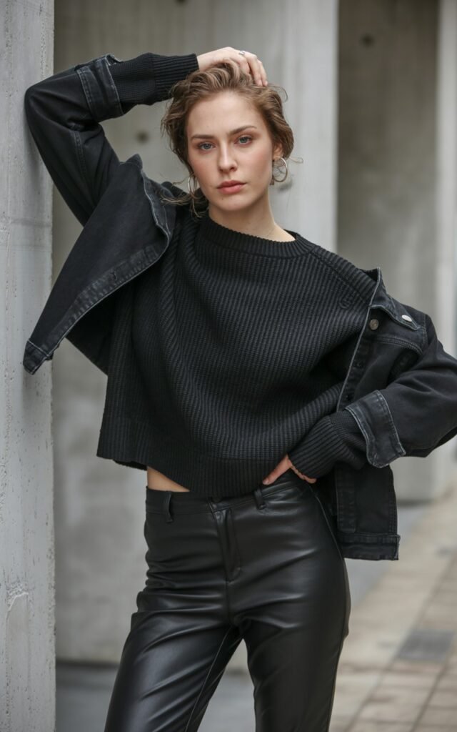 A natural-looking young woman wearing an all-black outfit with mixed textures like knit, leather, and denim. Theme stylish outfits