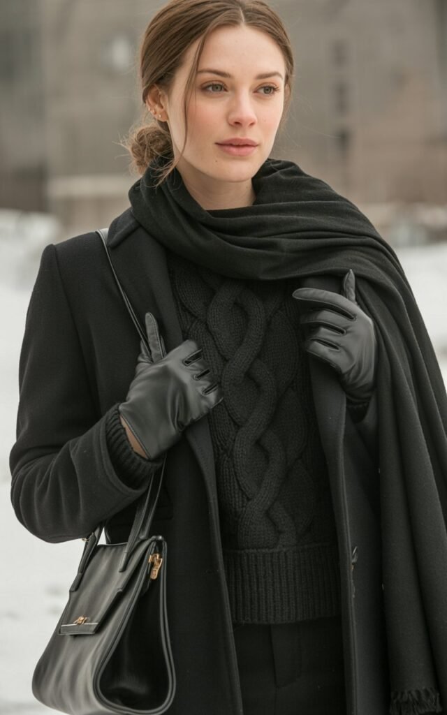 A natural-looking young woman wearing an all-black winter outfit with mixed textures. Theme winter outfits aesthetic