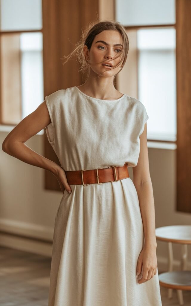 A natural-looking young woman wearing an easy-flowing dress cinched with a structured belt. Theme stylish outfits