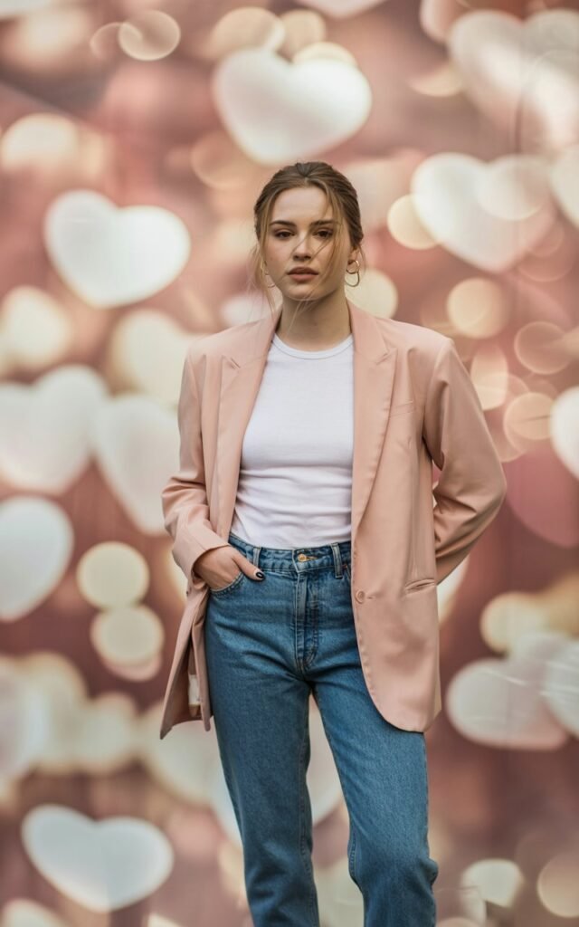 A natural-looking young woman wearing an oversized blazer styled with a fitted tee and straight-leg jeans. Theme valentines day outfits