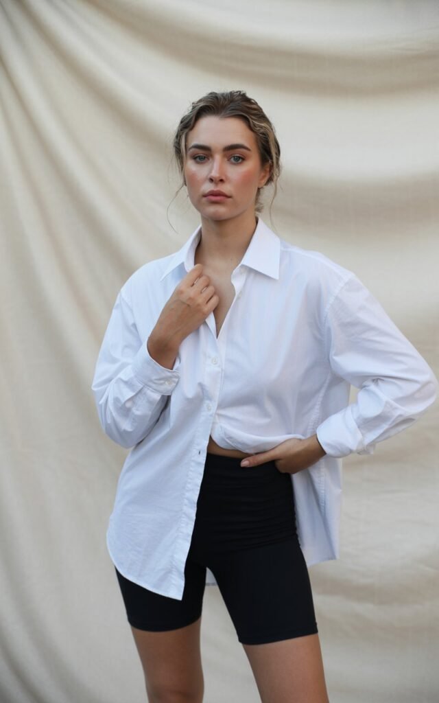 A natural-looking young woman wearing an oversized button-down shirt styled with biker shorts. Theme stylish outfits