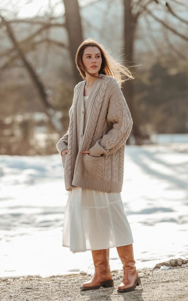 A natural-looking young woman wearing an oversized cable-knit cardigan styled with a white skirt and winter boots. Theme white skirt outfit winter