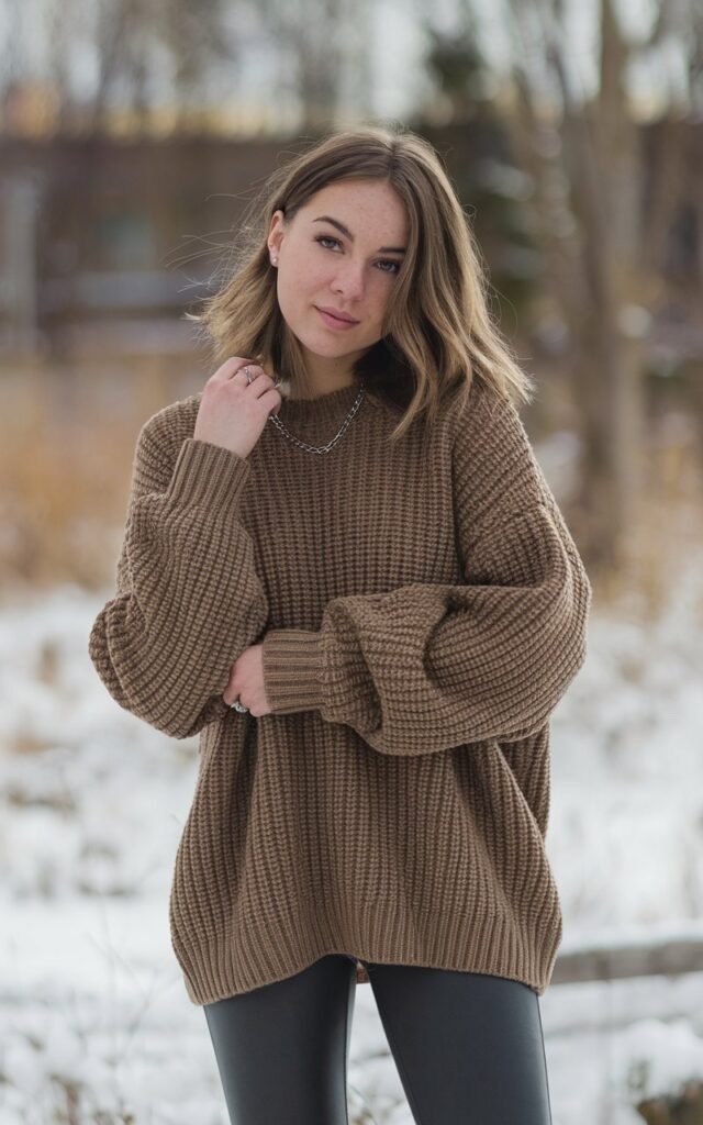 A natural-looking young woman wearing an oversized chunky knit sweater styled with classic black leggings and ankle boots. Theme legging outfits winter