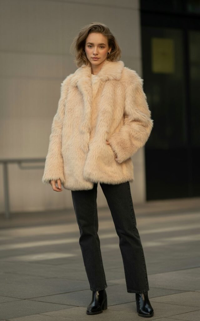 A natural-looking young woman wearing an oversized faux fur coat with straight-leg jeans and ankle boots. Theme faux fur coat outfit