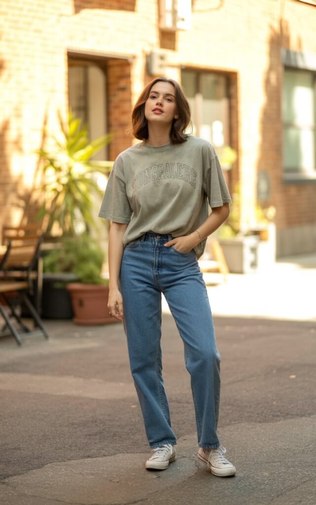 A natural-looking young woman wearing an oversized graphic tee paired with straight-leg jeans and casual sneakers. Theme chill outfits