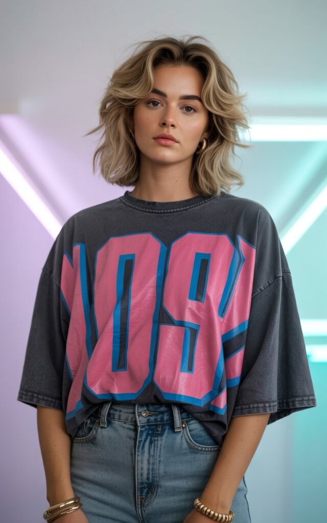 A natural-looking young woman wearing an oversized graphic tee styled as a statement piece. Theme 80s outfits