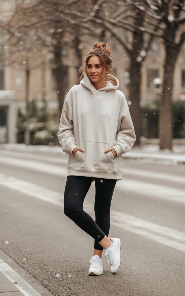 A natural-looking young woman wearing an oversized hoodie styled with leggings and classic white sneakers. Theme cute casual winter outfits