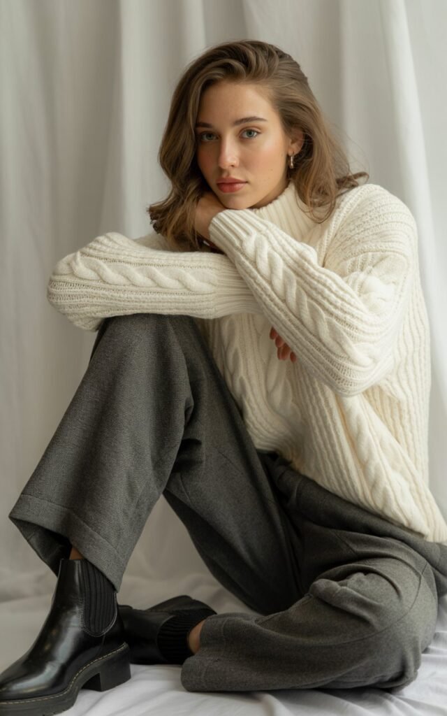 A natural-looking young woman wearing an oversized knit sweater paired with tailored trousers and ankle boots. Theme winter outfits aesthetic