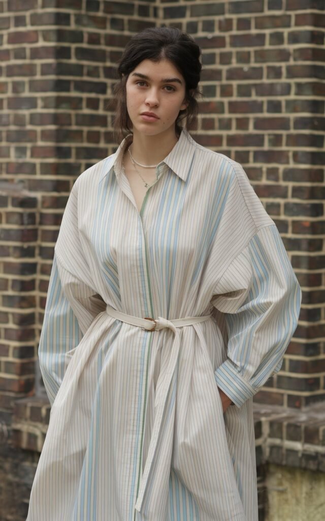 A natural-looking young woman wearing an oversized shirt dress cinched with a simple belt. Theme stylish outfits