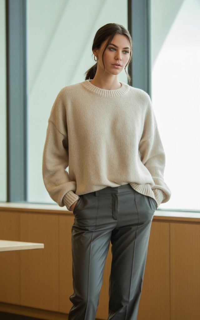 A natural-looking young woman wearing an oversized sweater balanced with slim-fit pants. Theme casual work outfits