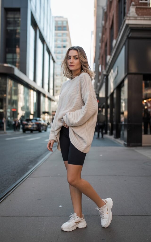 A natural-looking young woman wearing an oversized sweater paired with biker shorts and chunky sneakers. Theme downtown outfits