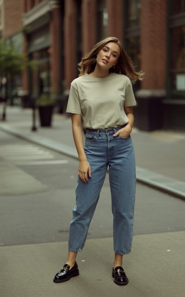 A natural-looking young woman wearing ankle-length jeans paired with loafers and a relaxed casual top. Theme downtown outfits