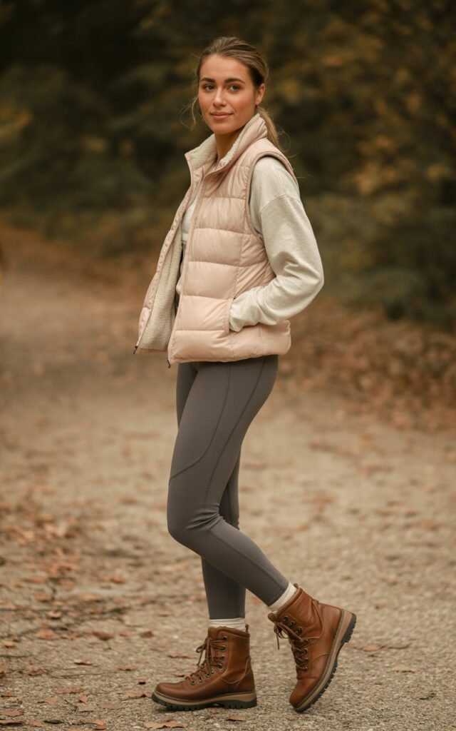 A natural-looking young woman wearing athleisure leggings, hiking boots, and a quilted vest. Theme leggings and boots outfit