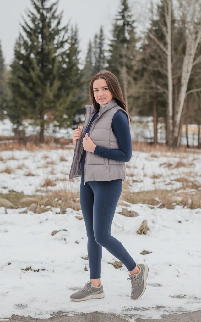 A natural-looking young woman wearing athleisure-style leggings paired with a puffer vest and sneakers. Theme legging outfits winter