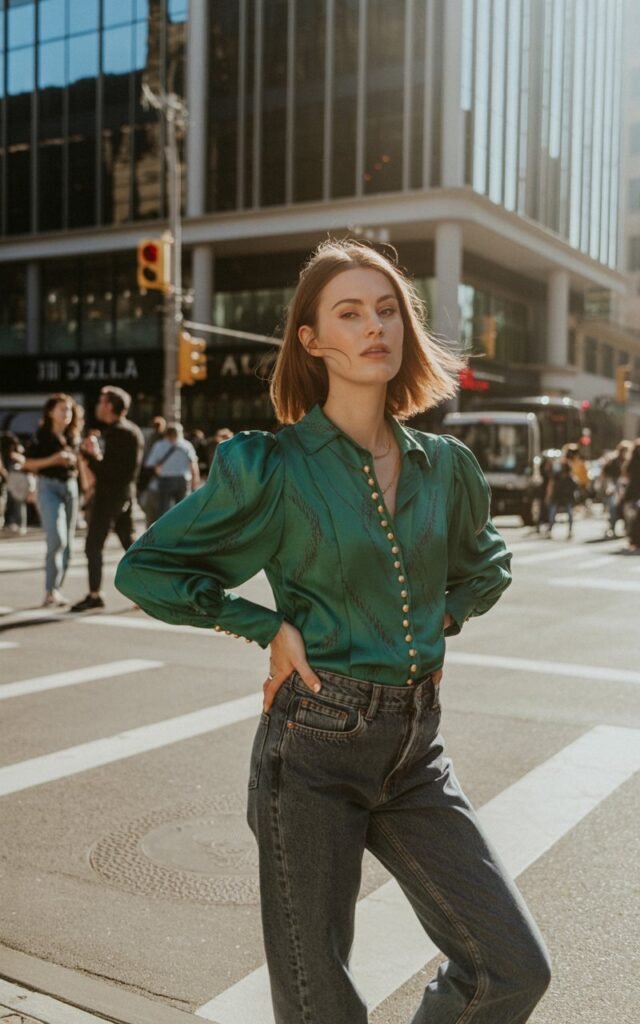 A natural-looking young woman wearing basic jeans styled with a statement blouse featuring bold details. Theme downtown outfits
