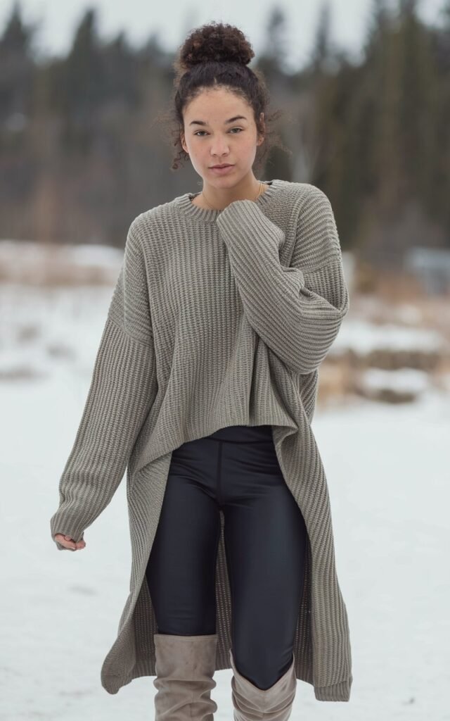 A natural-looking young woman wearing black leggings paired with a long oversized sweater and knee-high boots. Theme legging outfits winter