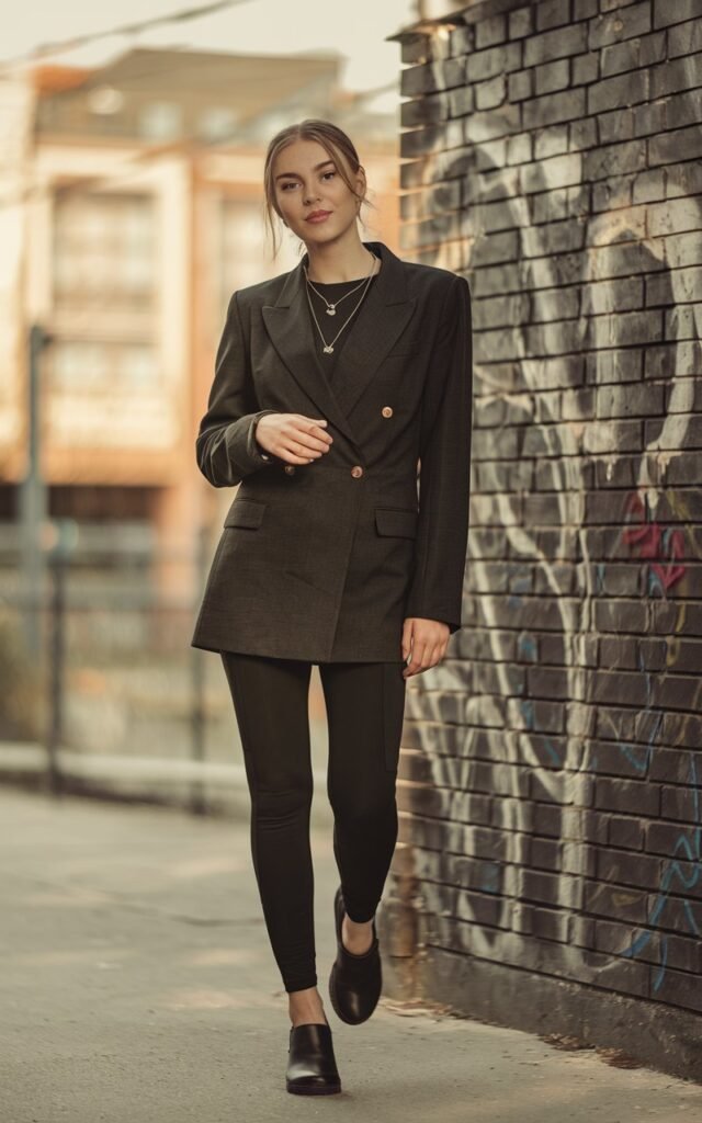A natural-looking young woman wearing black leggings styled with a structured blazer and minimalist footwear. Theme legging outfits winter