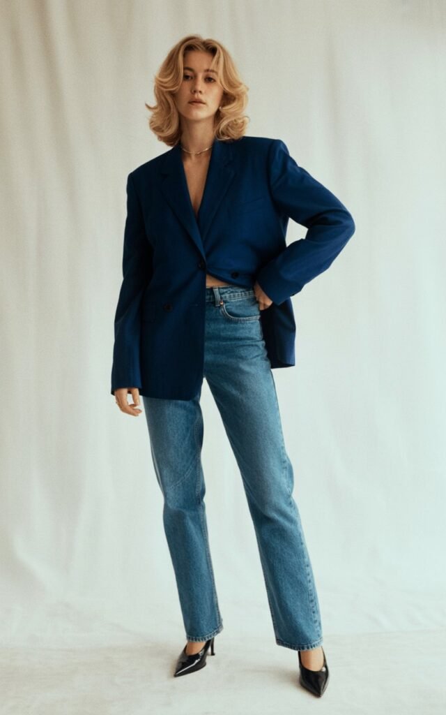 A natural-looking young woman wearing blue jeans styled with a structured blazer and sleek heels. Theme rachel green outfits