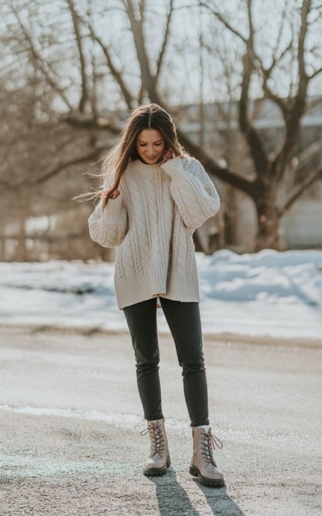 A natural-looking young woman wearing chunky boots styled with a soft, feminine winter silhouette. Theme winter outfits aesthetic