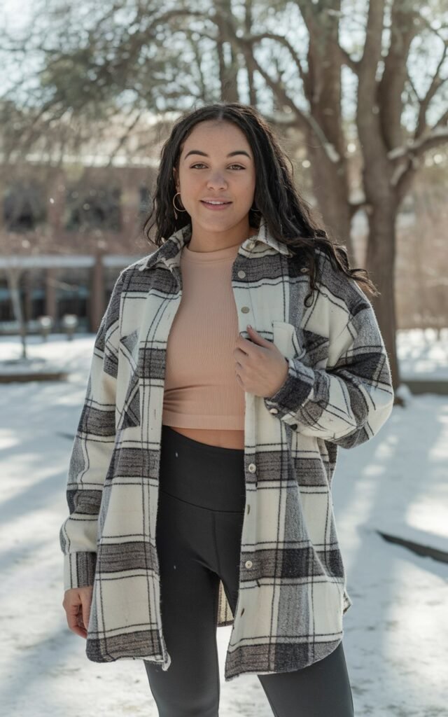 A natural-looking young woman wearing classic leggings paired with a shacket layered over basic winter tops. Theme legging outfits winter