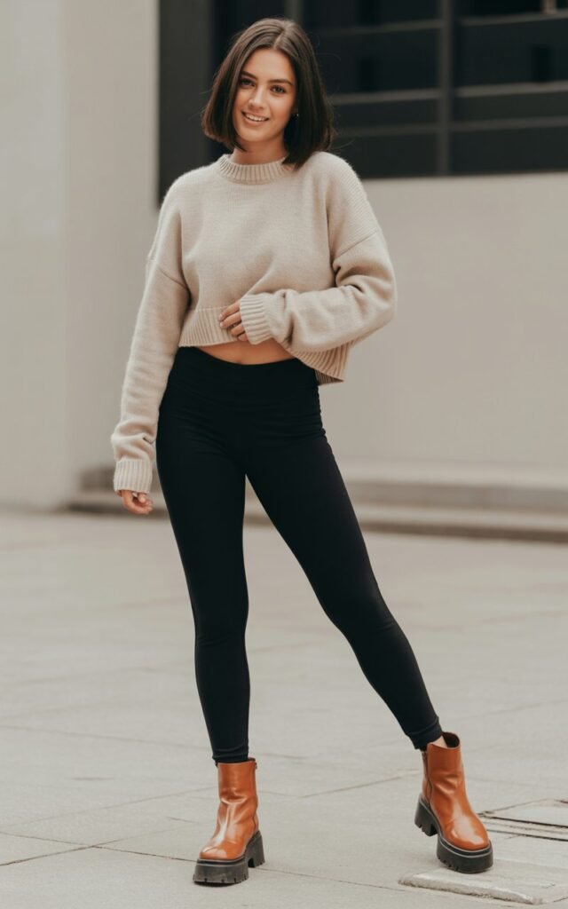 A natural-looking young woman wearing classic leggings, platform boots, and a cropped knit sweater. Theme leggings and boots outfit