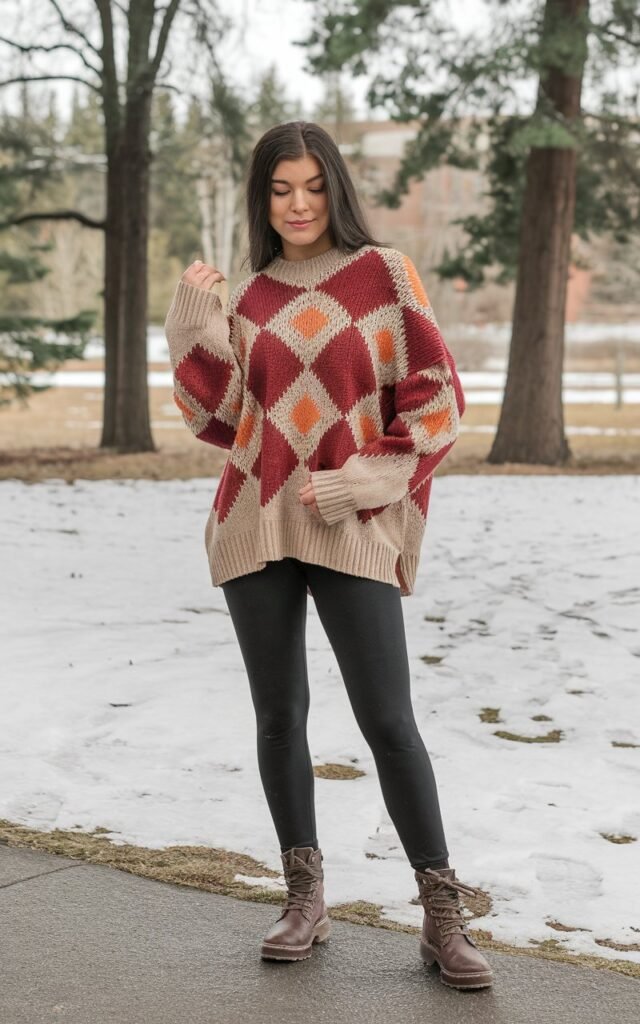 A natural-looking young woman wearing classic leggings styled with an oversized knit sweater and combat boots. Theme legging outfits winter